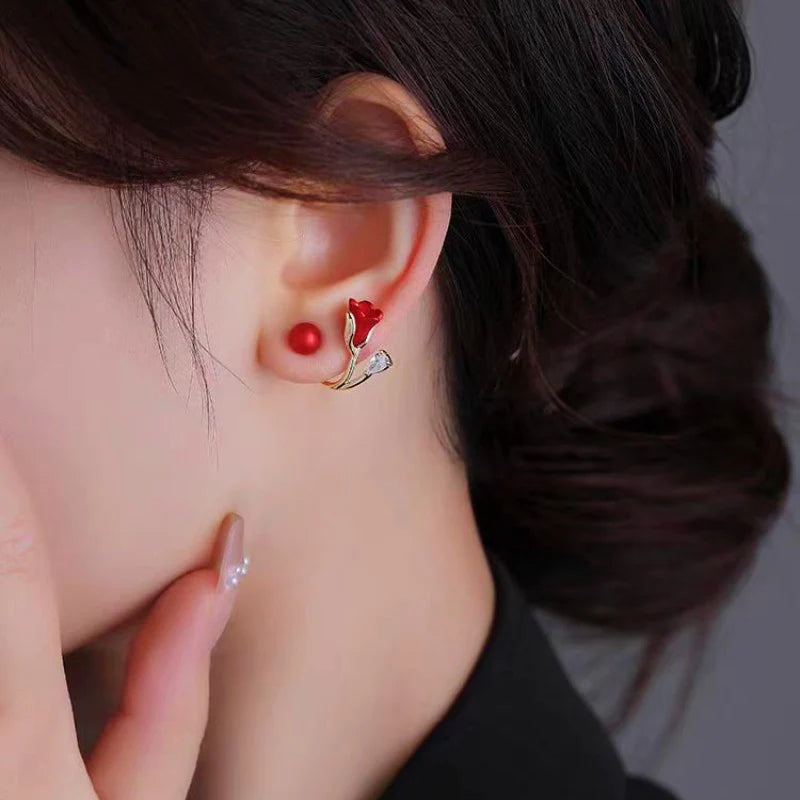 ✨ Arete Tulipán Rojo 🌹 Baño de Oro 18K ✨