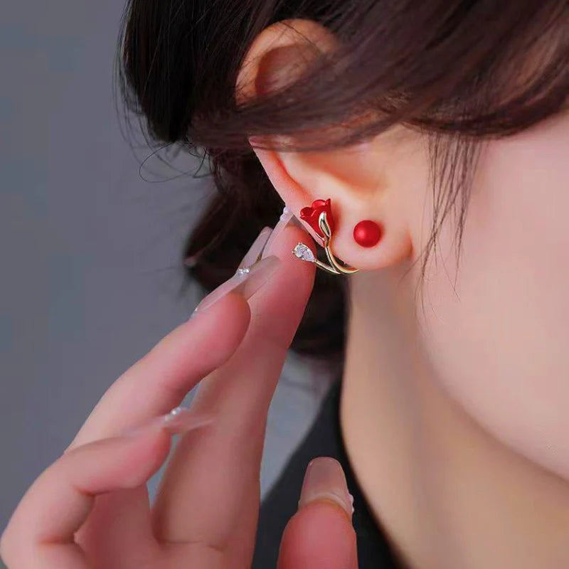 ✨ Arete Tulipán Rojo 🌹 Baño de Oro 18K ✨
